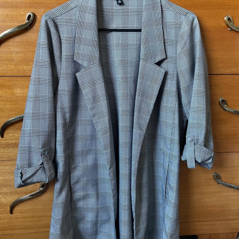 Gray Plaid Open Front Blazer